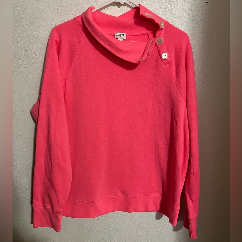 J. CREW Classic Wide Button Mock Neck Fleece Sweatshirt Neon Pink Women's Size L